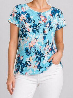 J.Jill Love Linen Floral Top XL Blue Short Sleeve Lightweight 100% Linen Shirt